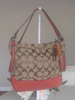 Coach Crossbody/Hand  Bag color brown  with red leather trim Small